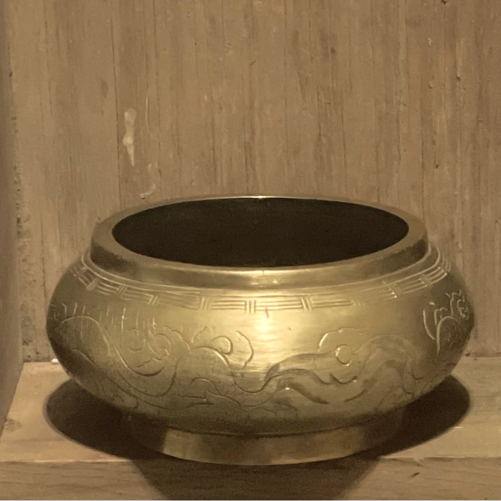 Vintage brass hand etched pot. Made in China